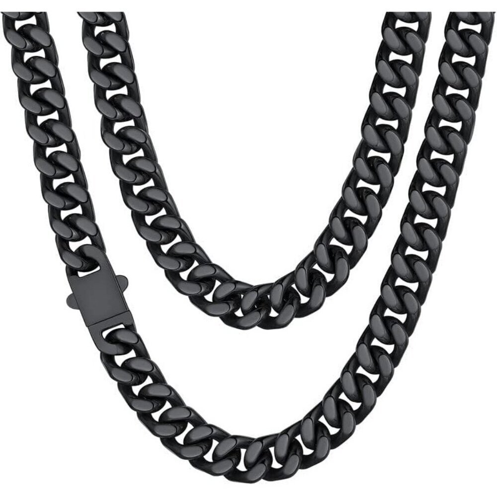 Men's 12mm Width Steel Black 18K Gold Plated Cuban Durable Hip Hop Chain Jewelry